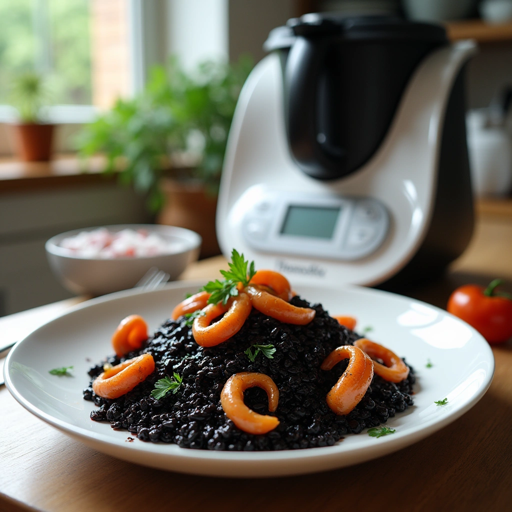 Arroz negro con calamares preparado en Thermomix, servido con calamares frescos y arroz oscuro, decorado con hierbas frescas.