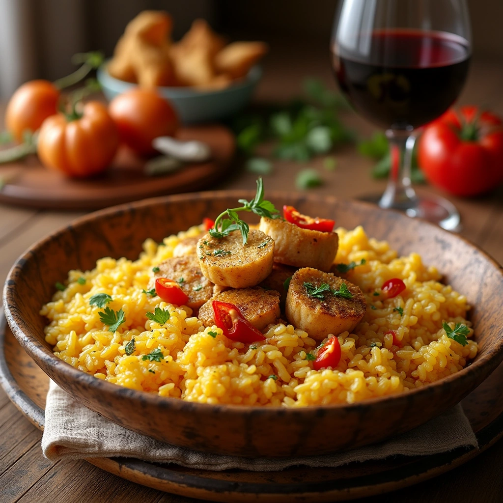 Plato de arroz con conejo servido en una paellera con ingredientes frescos alrededor.