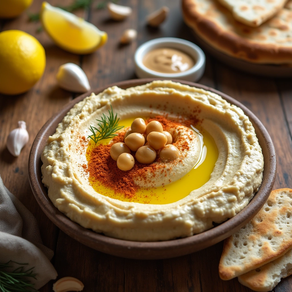 Hummus de garbanzo casero servido en un bol con aceite de oliva y paprika.