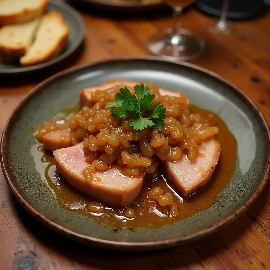 Plato de atún encebollado con cebolla caramelizada y salsa dorada, servido en un plato rústico.