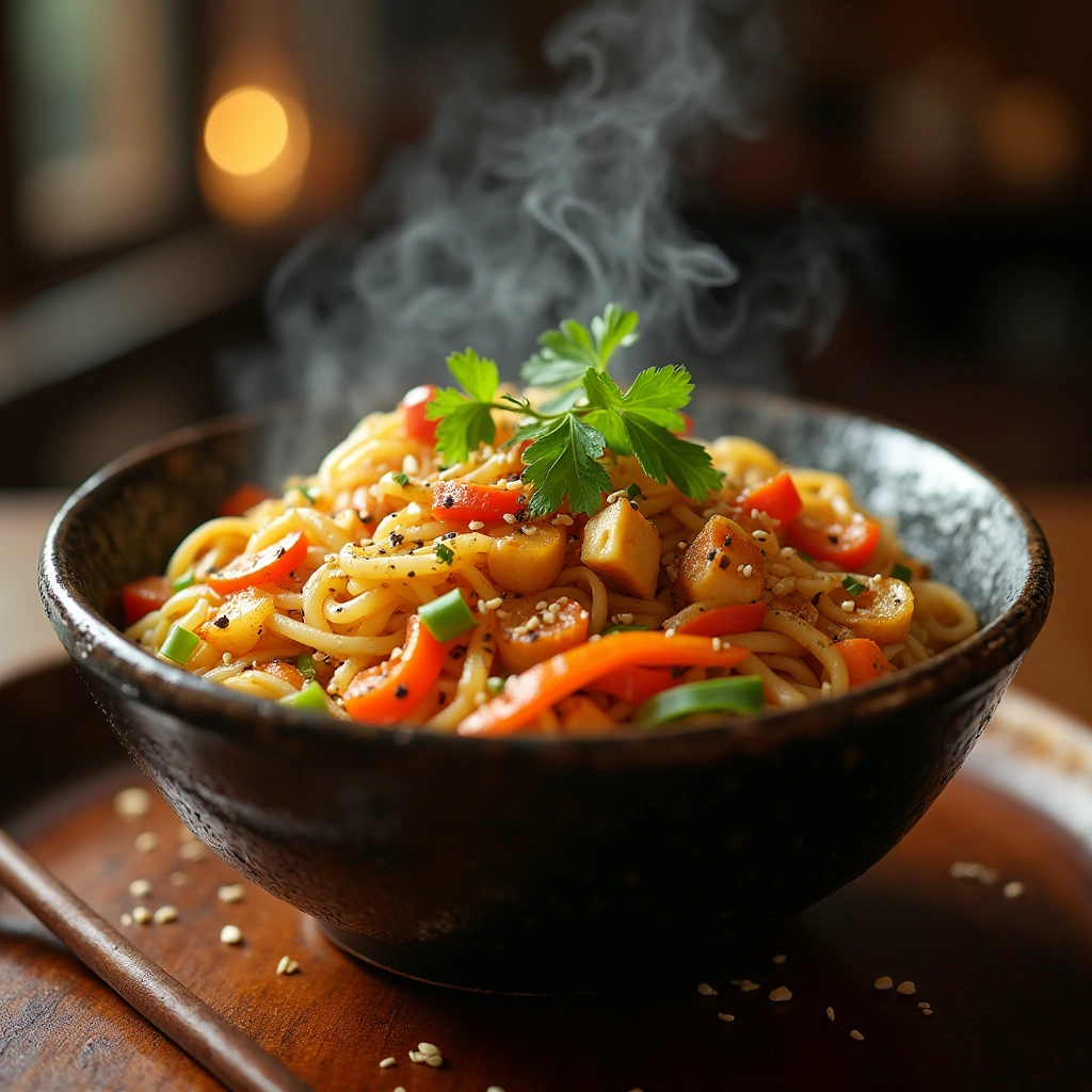 Plato de noodles de arroz con verduras y salsa, servido en un tazón.