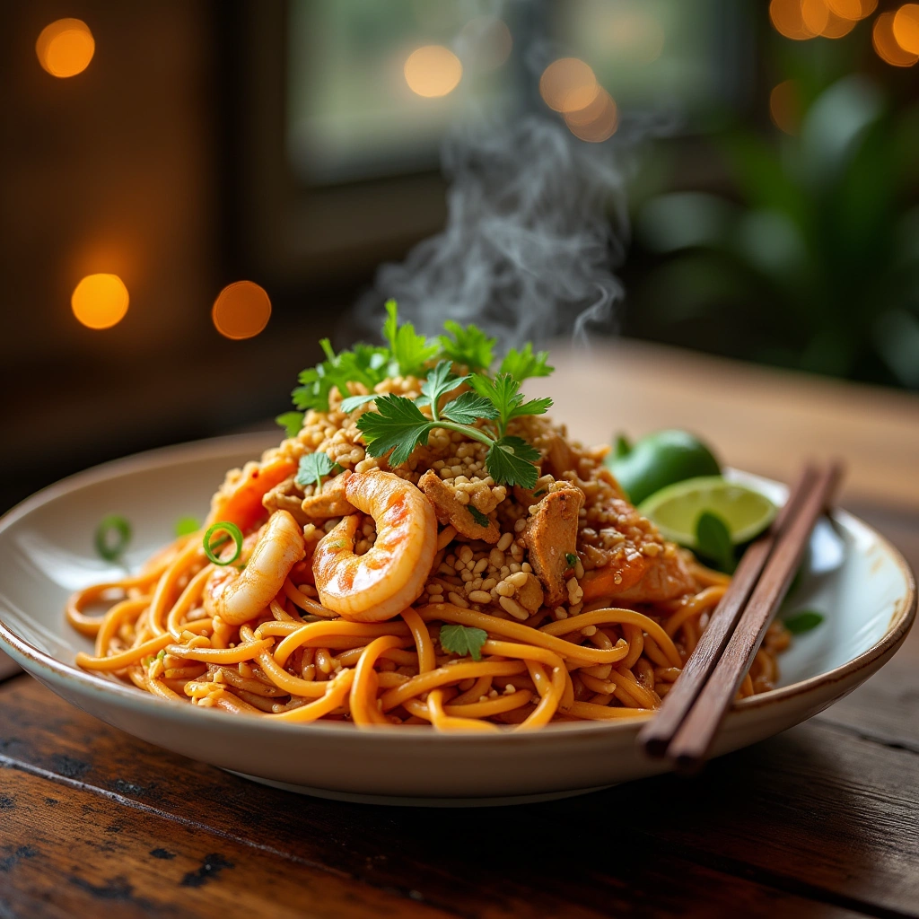 Plato de Pad Thai casero con fideos de arroz, camarones, maní triturado y lima sobre un plato blanco.