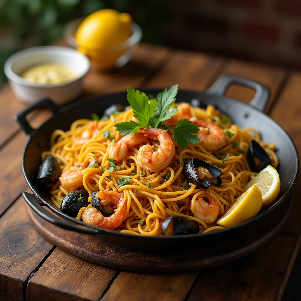 Fideuá tradicional con mariscos servida en una paellera, acompañada de limón y alioli