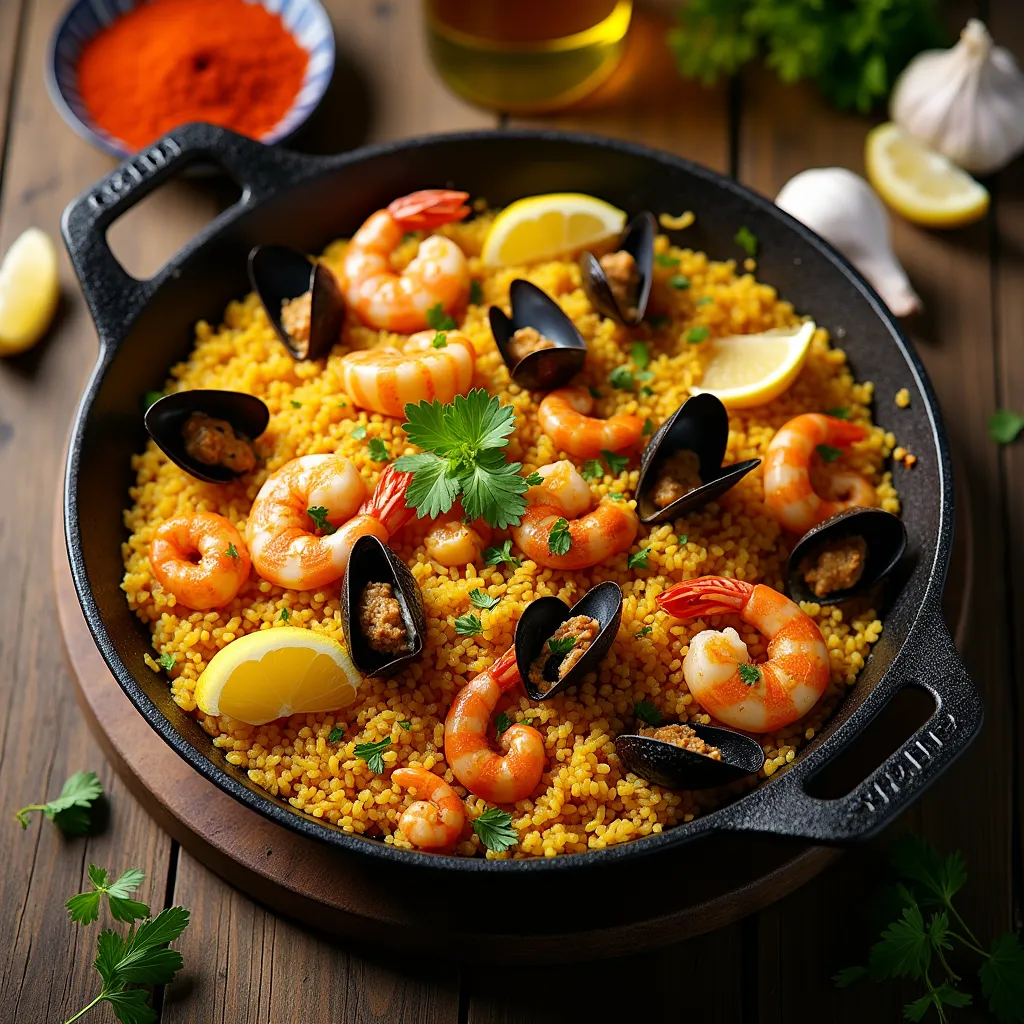 Paella mixta en una sartén tradicional con mariscos, pollo y arroz dorado con azafrán.