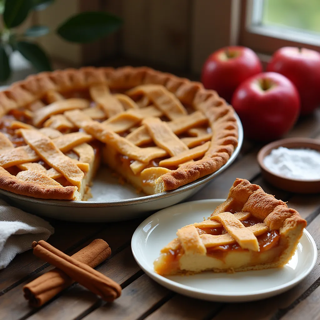 Imagen de una tarta de manzana casera con enrejado dorado y manzanas caramelizadas, elaborada con la receta tradicional de la abuela.