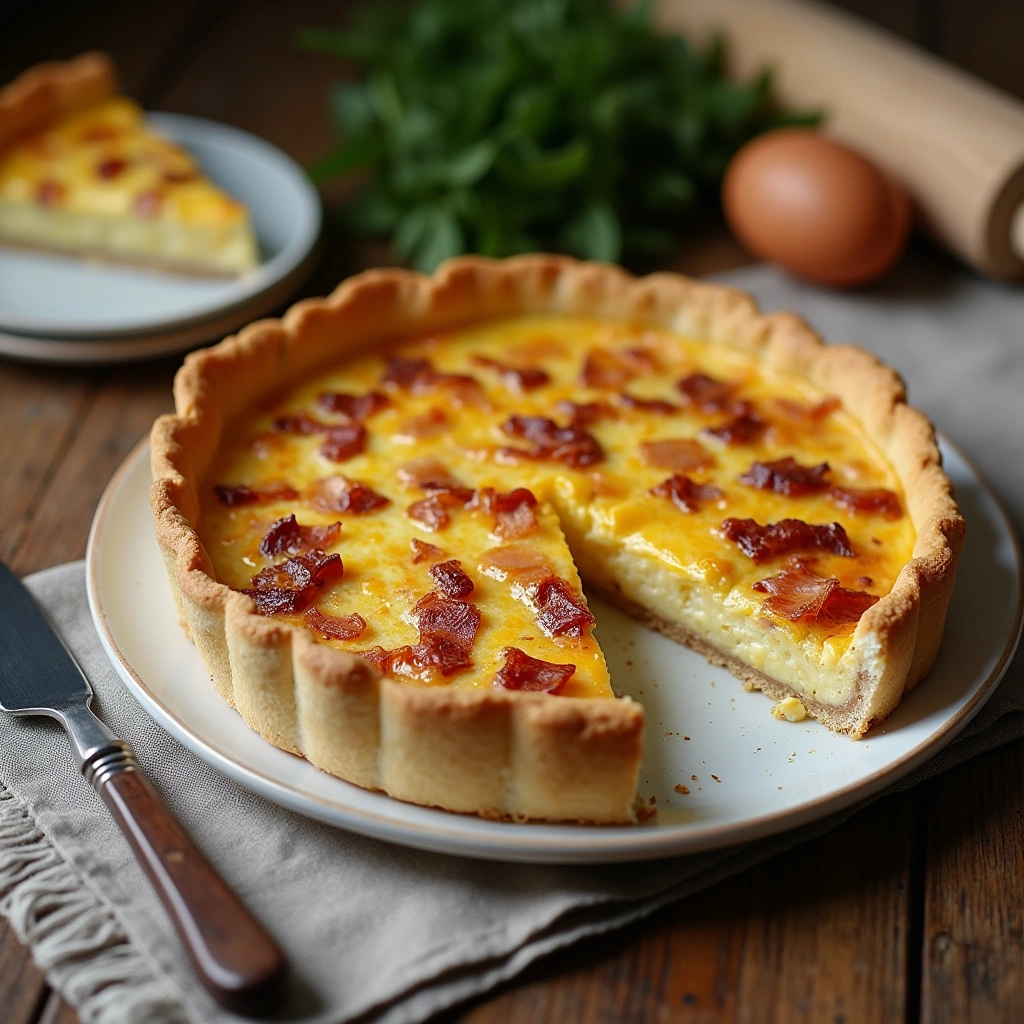 Quiche Lorraine casera con masa dorada y relleno cremoso de bacon y nata.