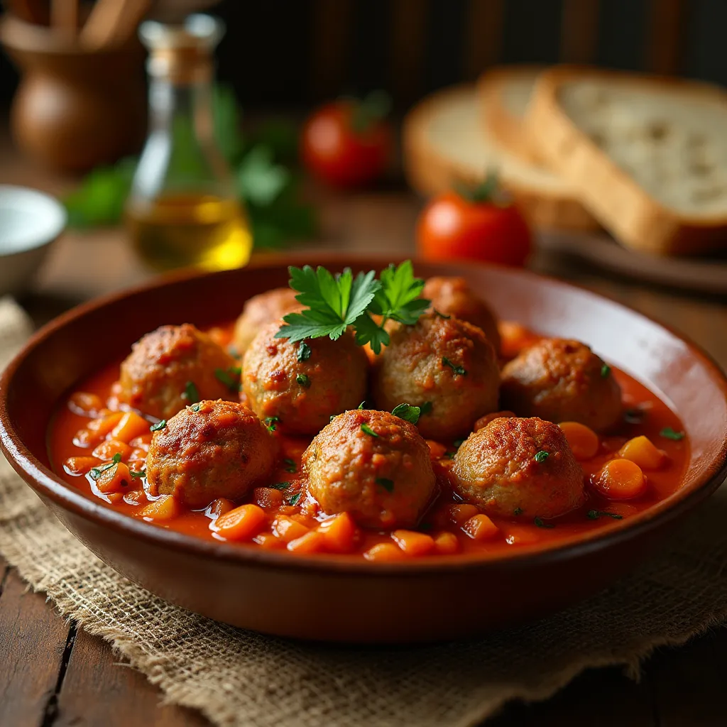 Albóndigas caseras en salsa española servidas en un plato rústico con perejil fresco.