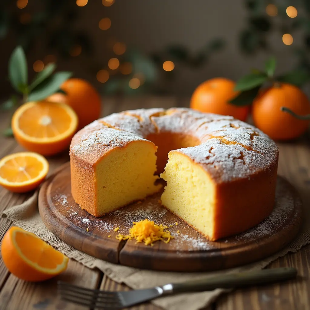 Bizcocho de naranja esponjoso recién horneado con una rodaja de naranja y azúcar glas.