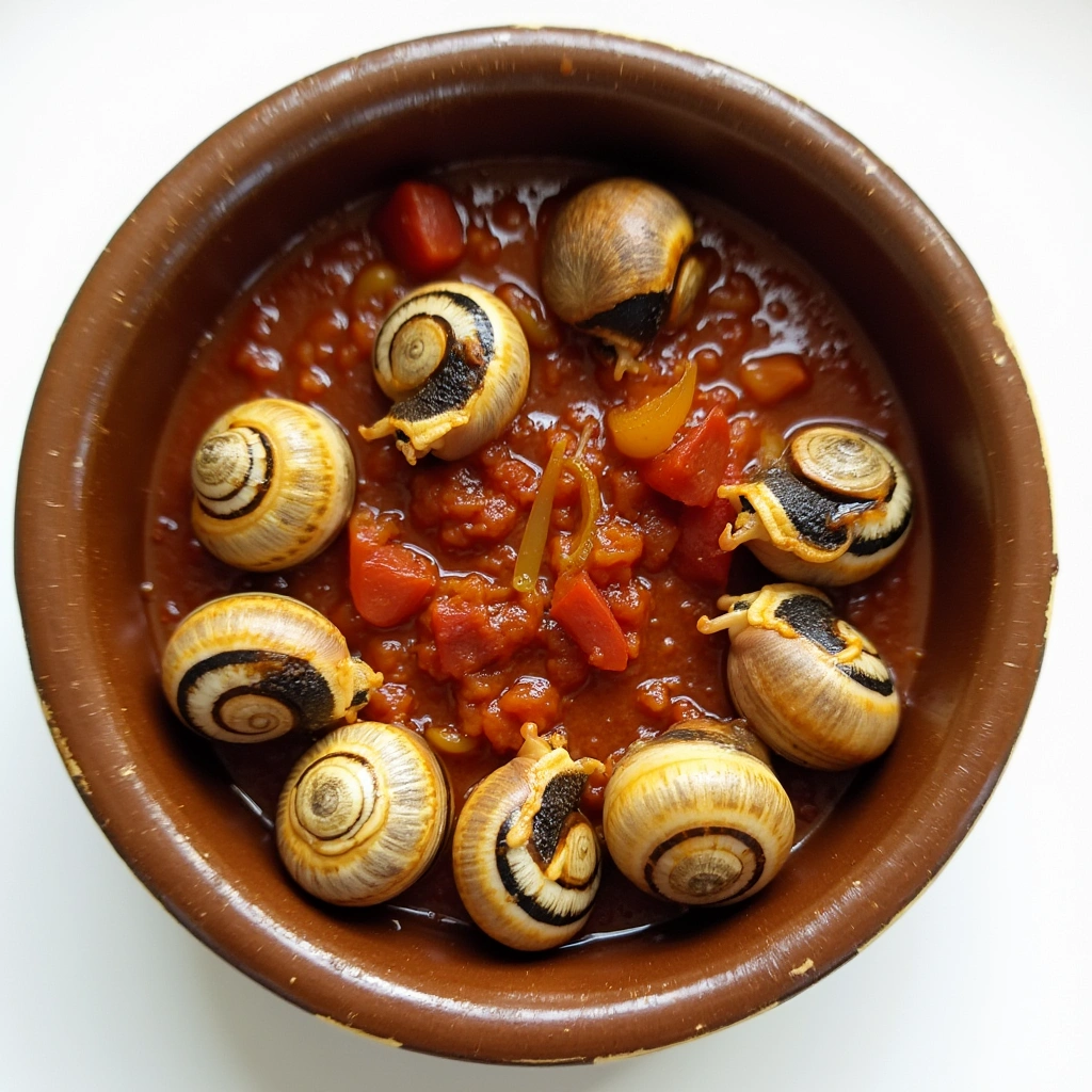 Caracoles en salsa tradicional con ingredientes frescos, en un plato de barro, receta de la abuela