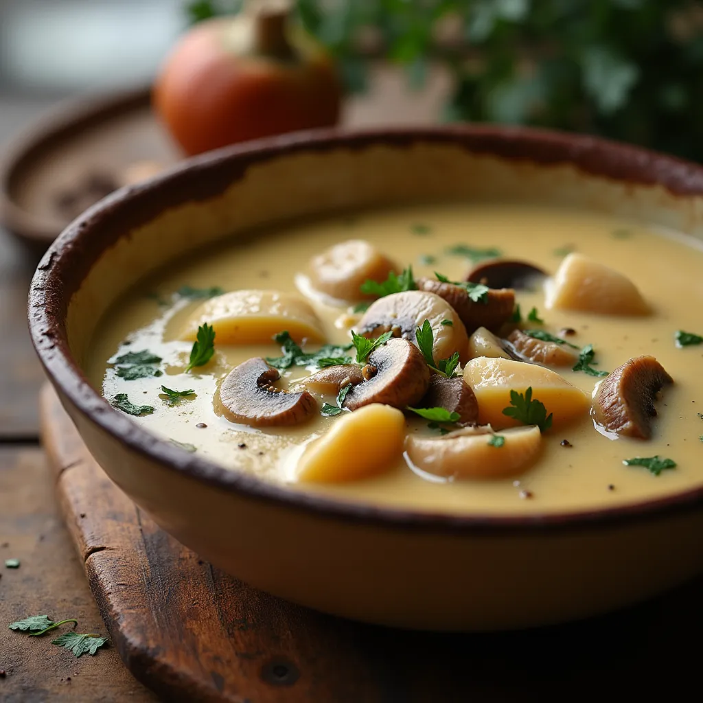 Sopa cremosa de champiñones con pollo, servida en un tazón rústico, decorada con perejil fresco.