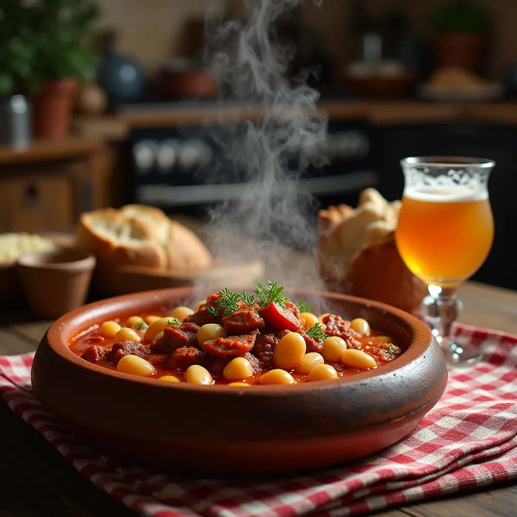 Plato de fabada asturiana con chorizo, morcilla y lacón en un cuenco de barro sobre una mesa rústica.