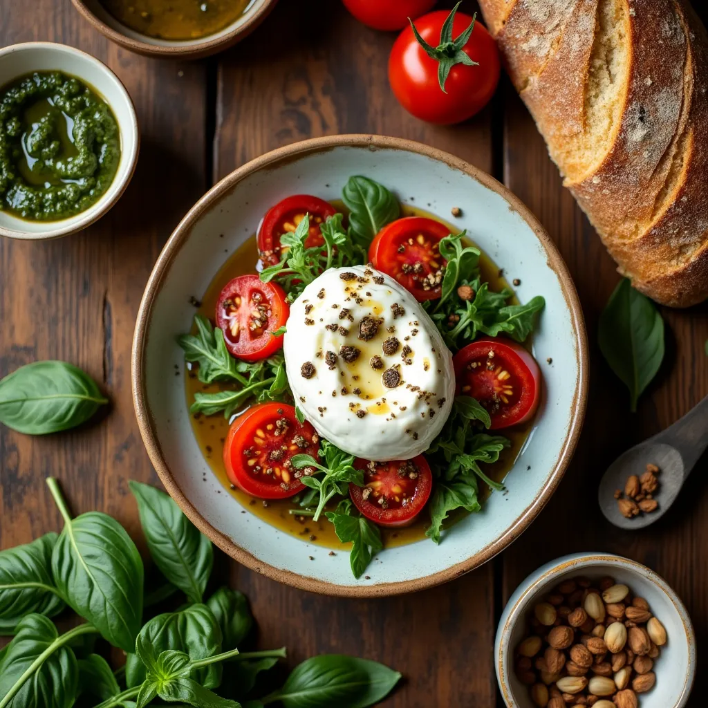 Plato con burrata fresca, tomates cherry, albahaca y un toque de aceite de oliva.