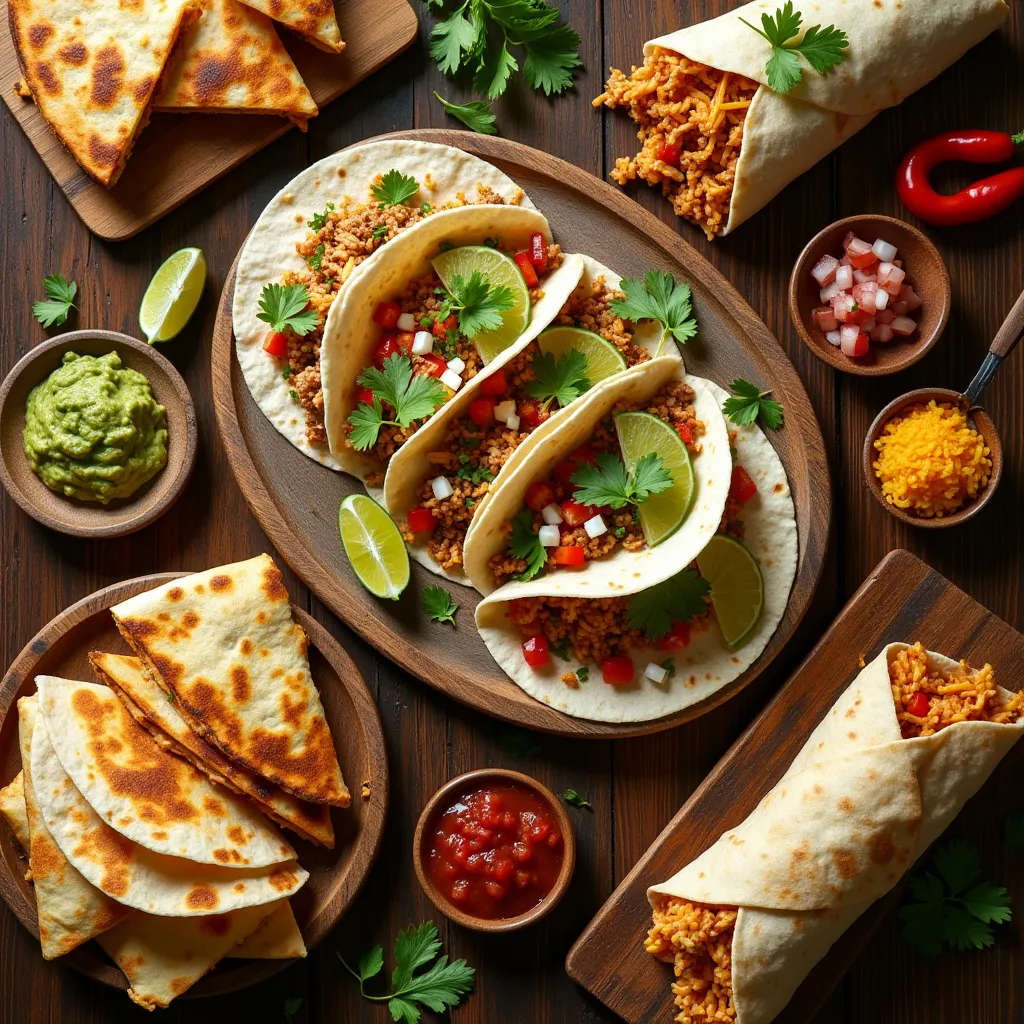 Plato con deliciosas recetas hechas con tortillas de trigo, incluyendo tacos, quesadillas y burritos.