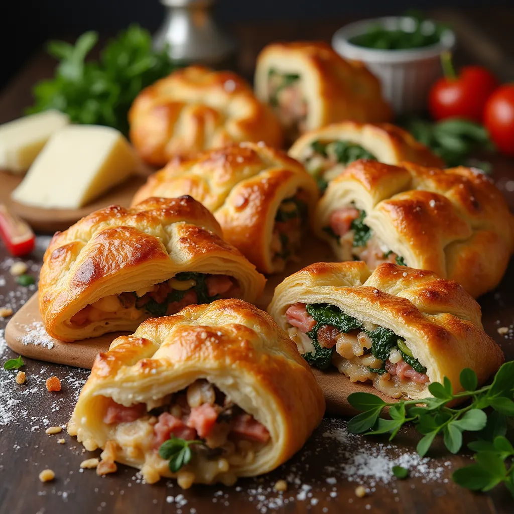 Hojaldre salado relleno con jamón, queso, pollo, espinacas, y más ingredientes frescos.
