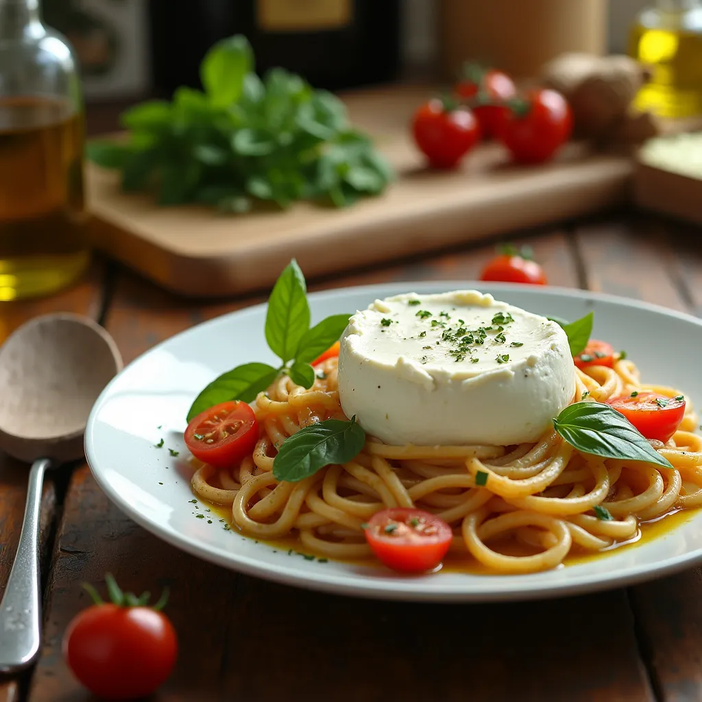 Plato de pasta con burrata cremosa, tomates cherry y albahaca en una mesa rústica.