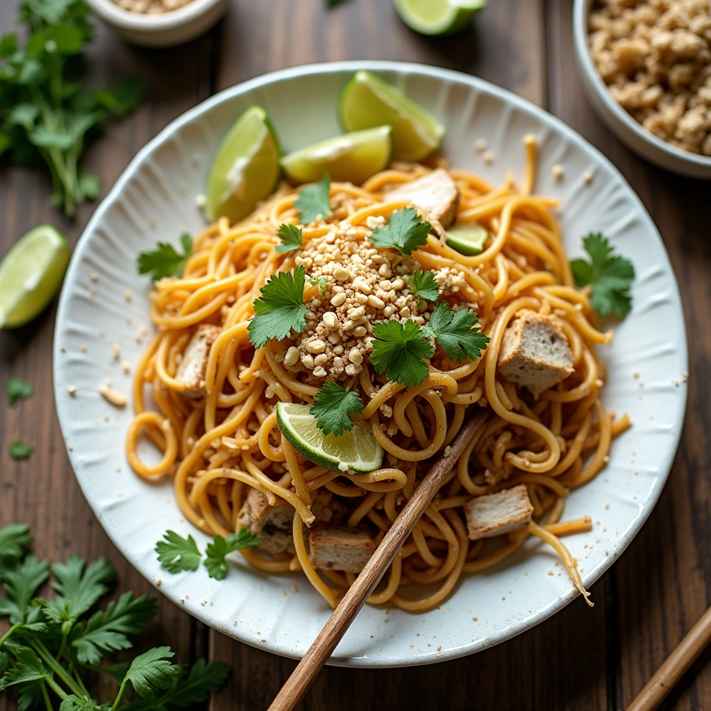 Plato de Pad Thai con pollo, fideos de arroz, huevo revuelto, cacahuetes, cilantro fresco y limón