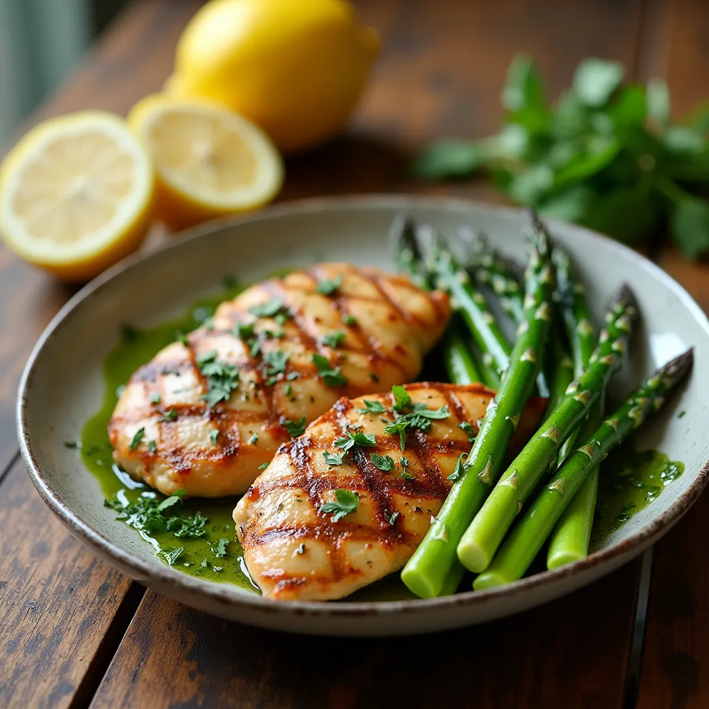Plato gourmet de pollo a la plancha con espárragos frescos, decorado con limón y hierbas.