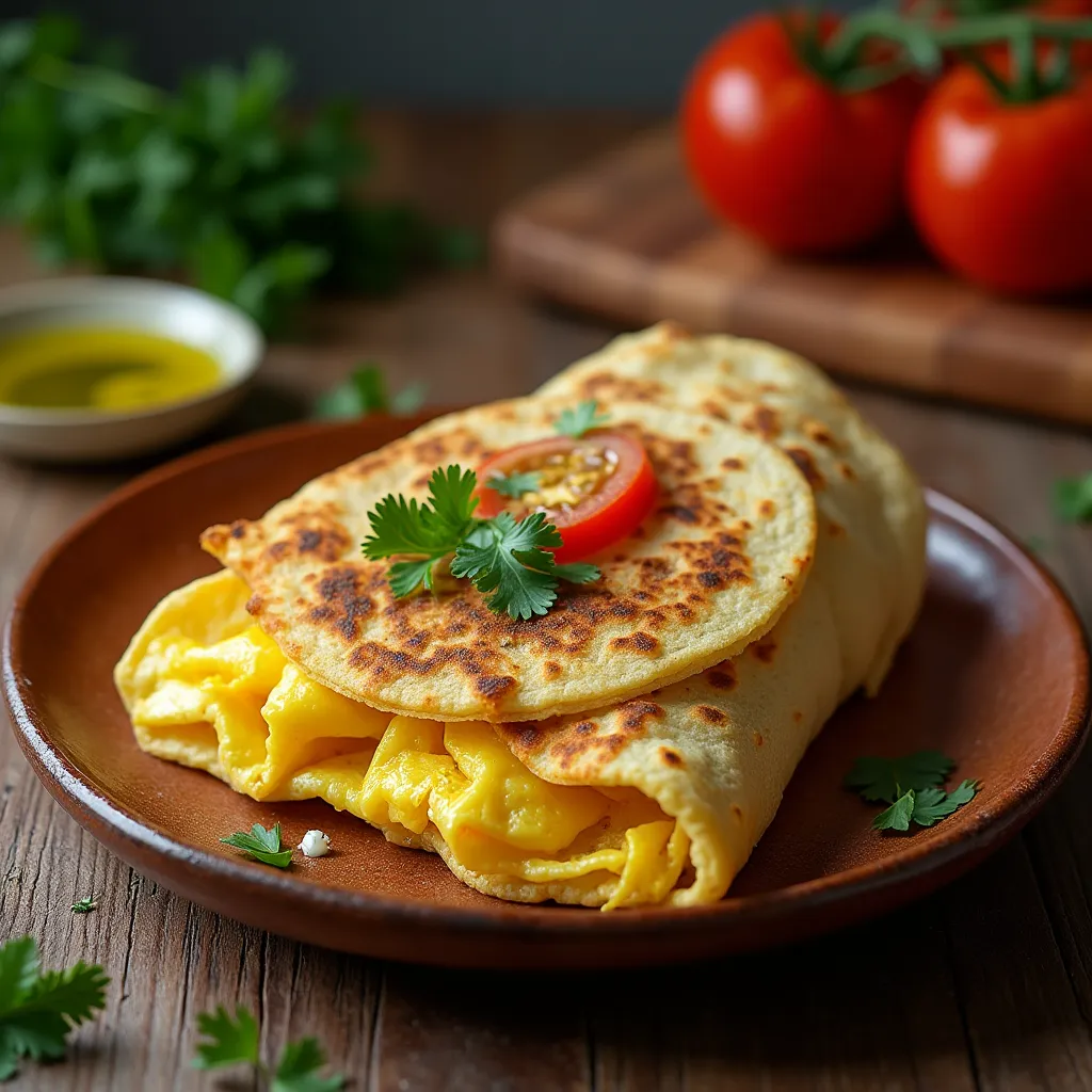 Tortilla de huevo con tortilla de trigo, servida en un plato rústico con tomate fresco, cilantro y un toque de aceite de oliva.