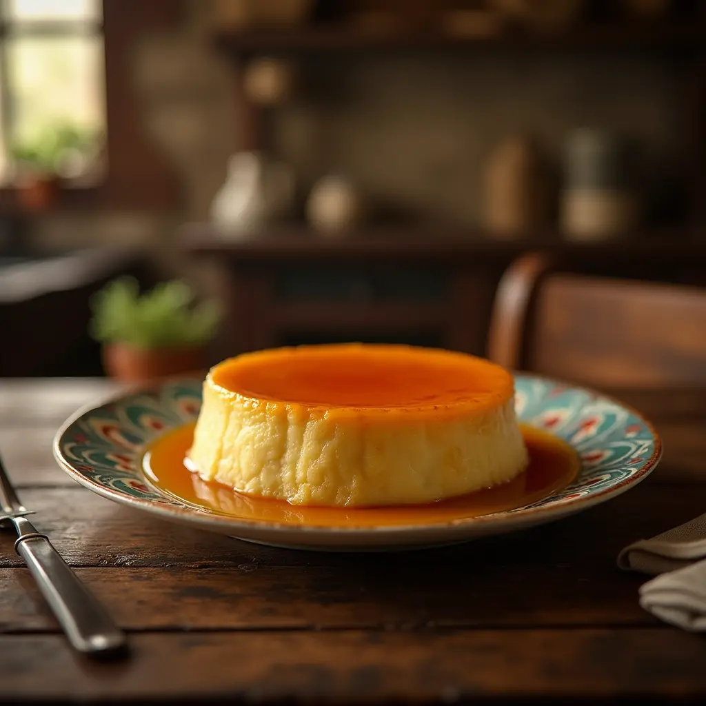 Flan de huevo casero con caramelo en un plato vintage.