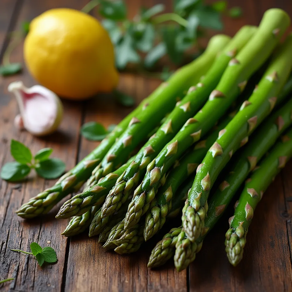Espárragos trigueros frescos sobre una mesa rústica con ingredientes como ajo, limón y aceite de oliva.