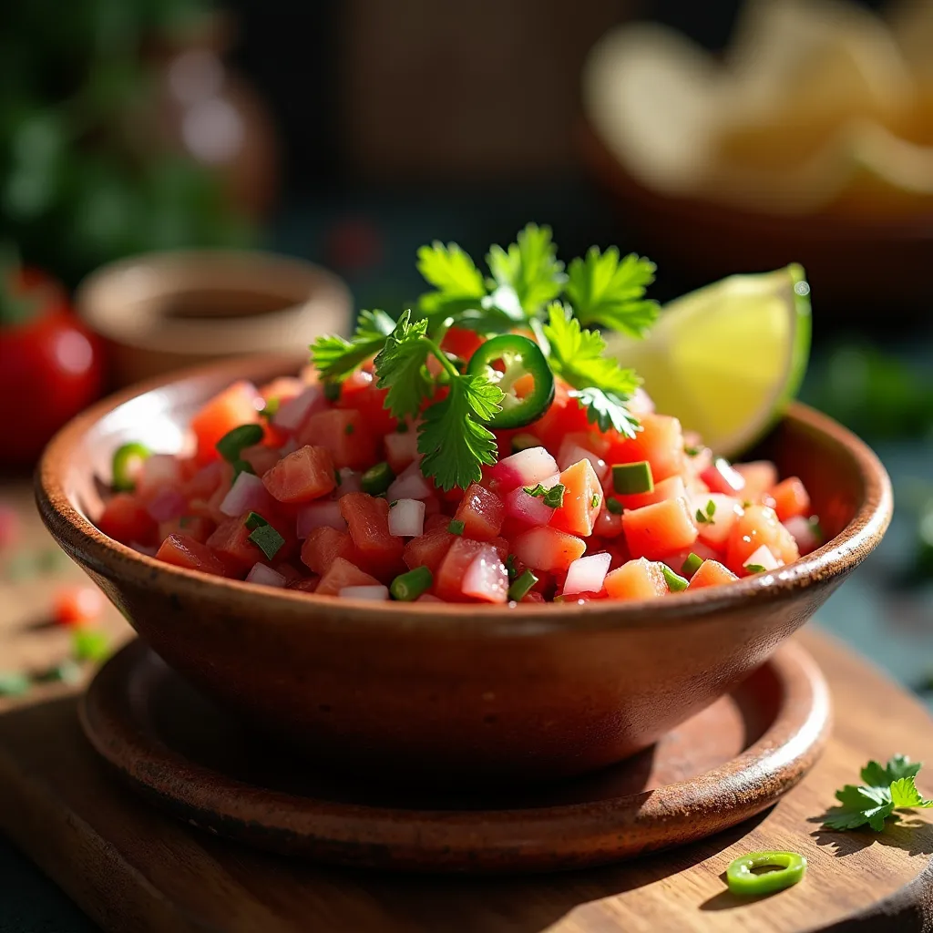 Bowl de pico de gallo fresco con tomates, cebolla, cilantro y jalapeño