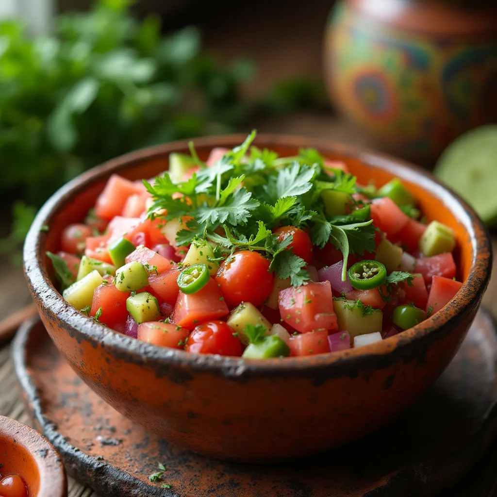 Imagen de un tazón rústico con pico de gallo con aguacate, mostrando tomates, cebolla, cilantro, aguacate y chile jalapeño.
