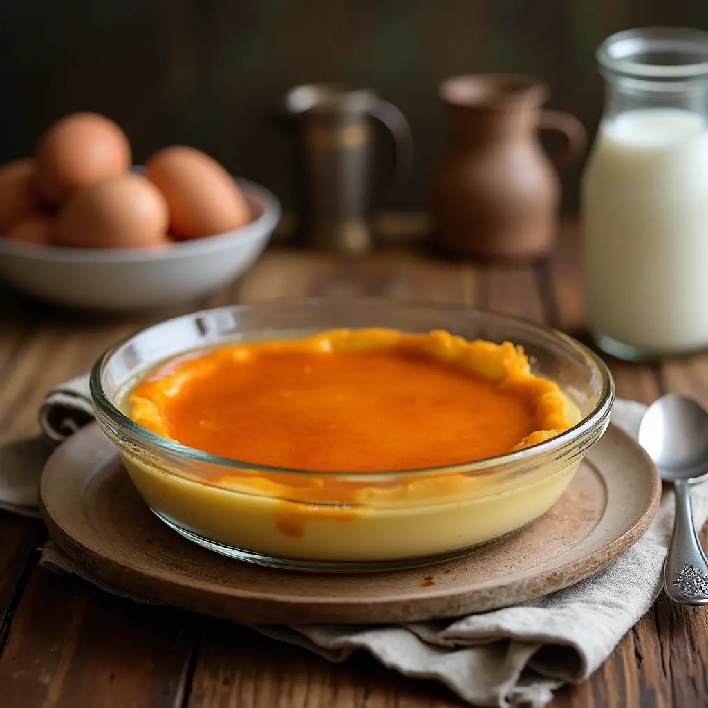 Flan de huevo y leche casero con caramelo y textura suave en un plato rústico.