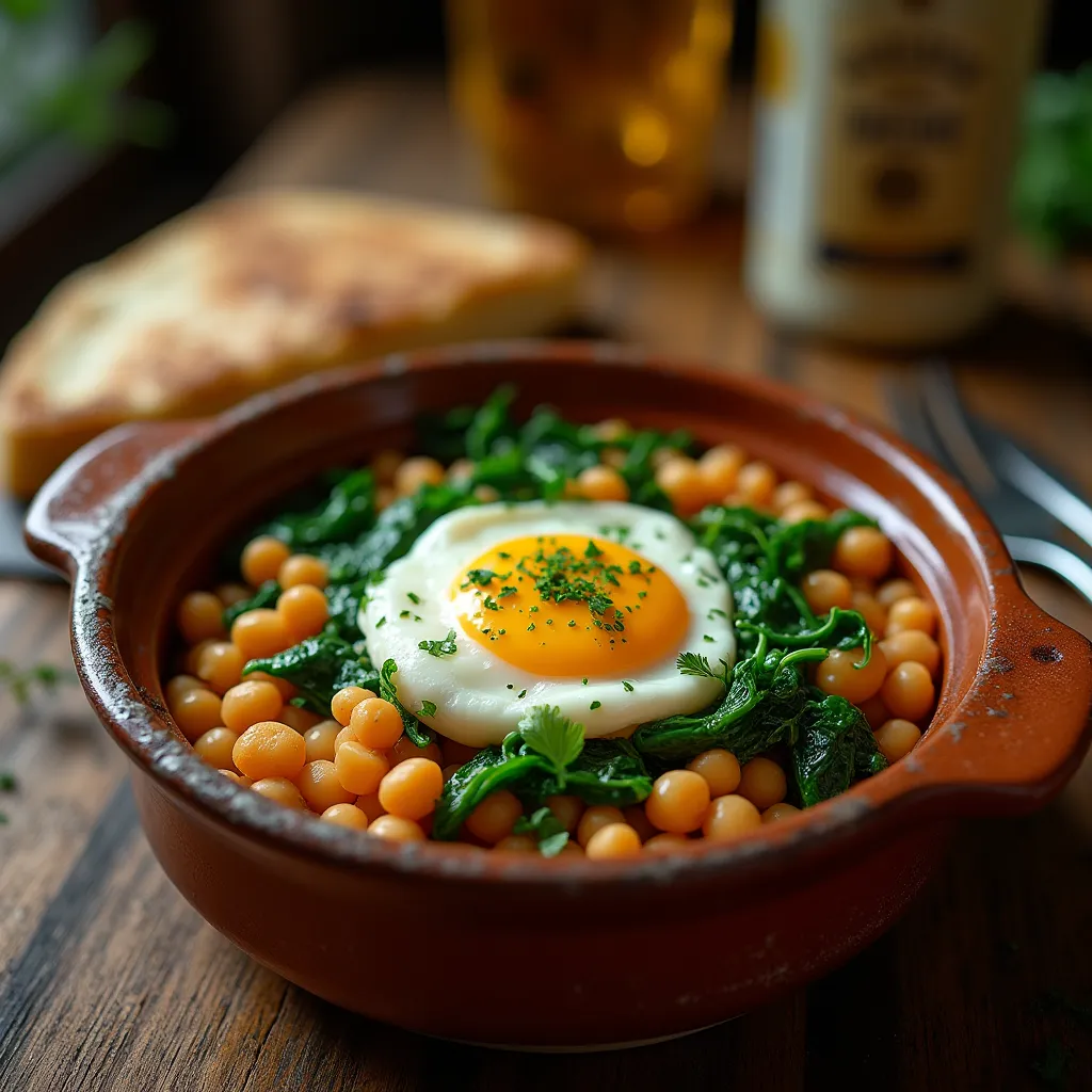 Plato de garbanzos con espinacas y huevo servido en un tazón rústico.