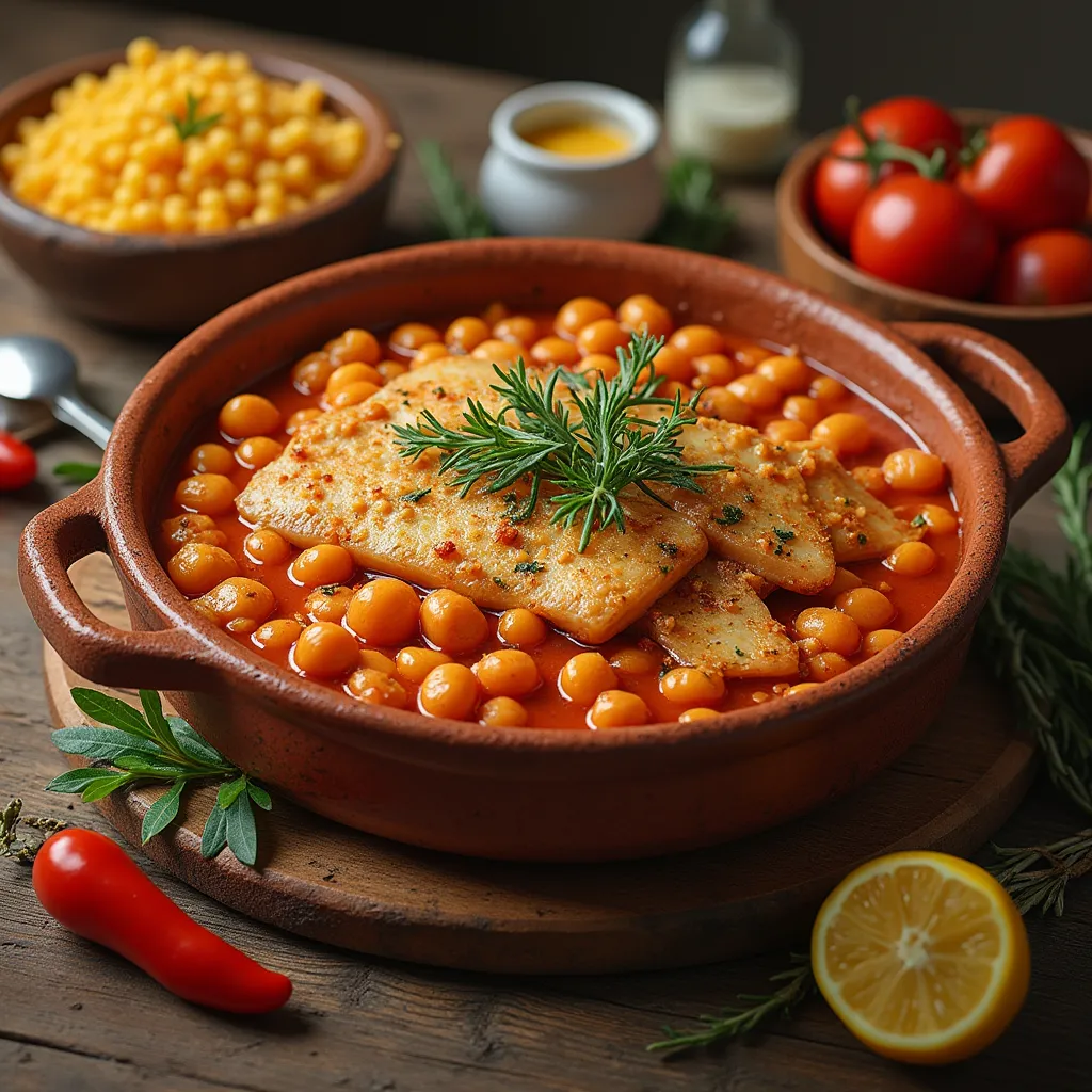 Guiso tradicional de garbanzos con bacalao y espinacas en cazuela de barro.