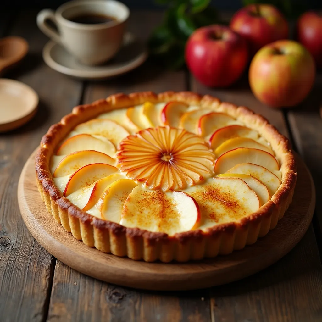 Tarta de manzana con crema pastelera recién horneada con manzanas caramelizadas sobre una base de masa crujiente.