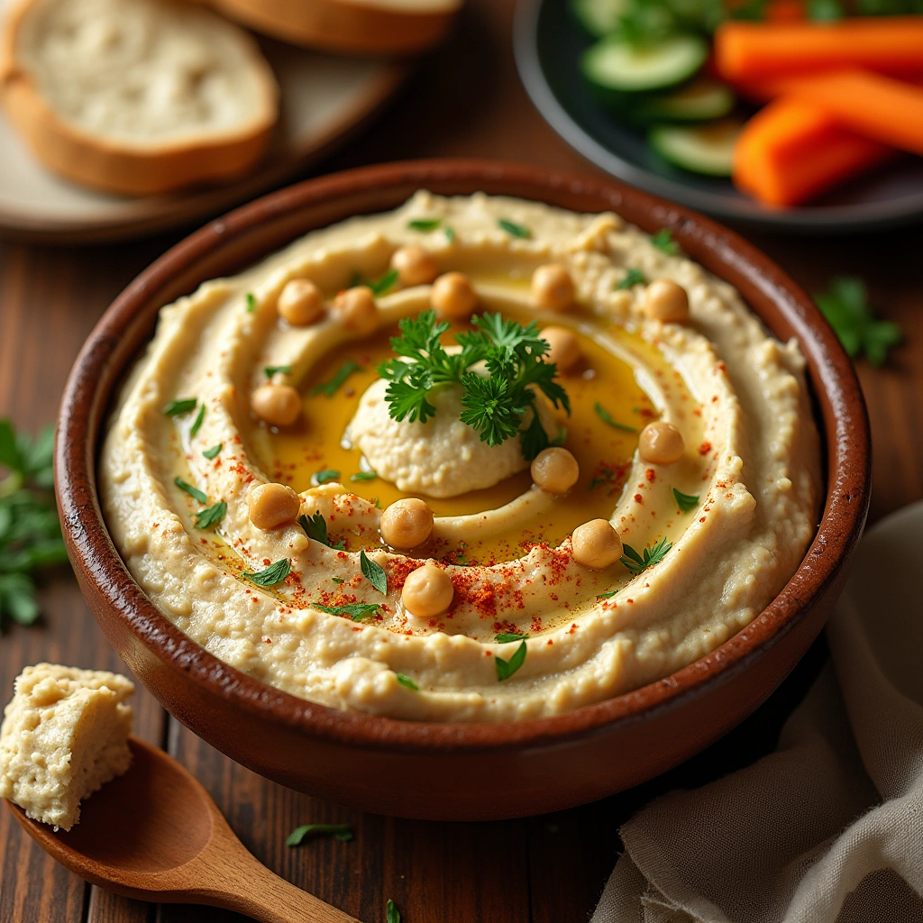 Hummus casero en Thermomix con aceite de oliva, garbanzos y pan pita.