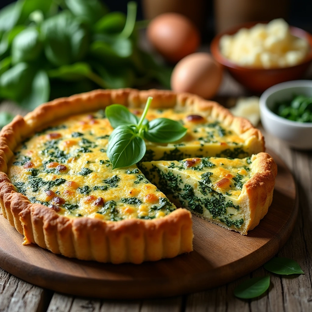 Quiche de espinacas saludable en una mesa rústica con una porción servida.
