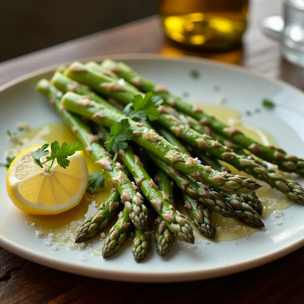 Espárragos blancos a la plancha con un toque dorado, servidos con aceite de oliva y limón.