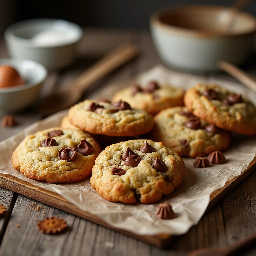 Galletas americanas blandas recién horneadas con chispas de chocolate sobre una bandeja.